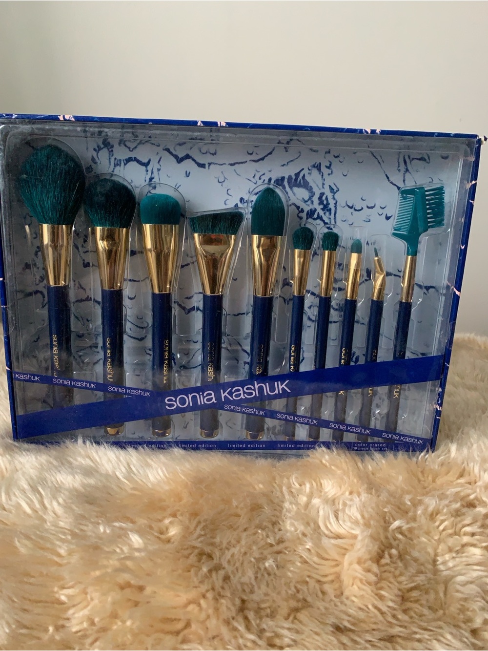 NIB: Sonia Kashuk Teal & Gold Makeup Brush Set with Navy Blue Handles